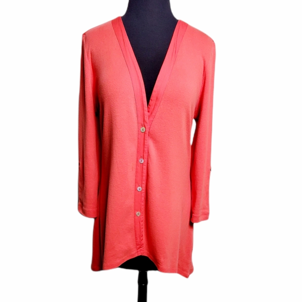 Barbara Lesser button up v neck high low orange cotton cardigan size small